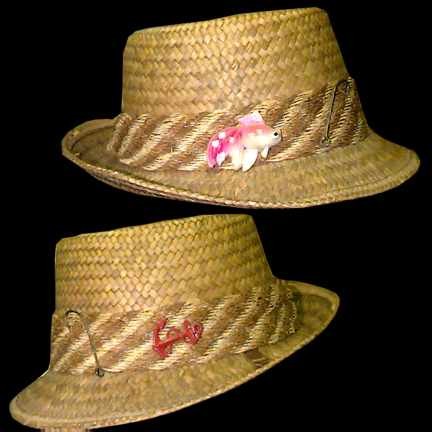 Man's Straw Summer Hat with Plastic Fish Anchor and 2 Real Sea Fishing Hooks unused with Brown and White Dried Seaweed Look Band