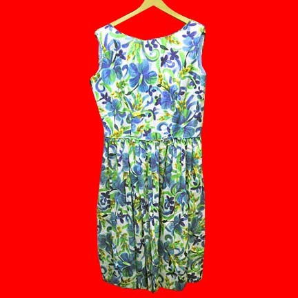Stan Hicks Hawaiian casuals White with Blue Green and Purple brush stroke flowers 50's sleeveless dress