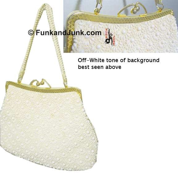Off White with Ornate Reversed Half Moon Beading and Accents Purse