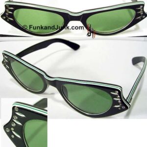Calobar Black with White & Green Pressed Wedges Bats Wing Catseye with Rhinestones and Cut in Leaves Temples Sunglasses