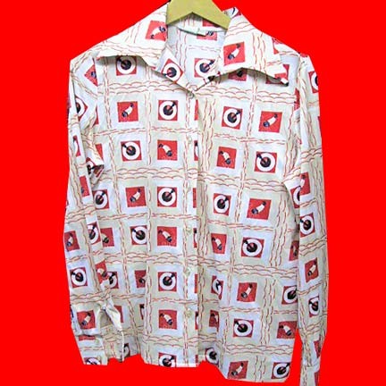 Darise Tan with White and Red wave blocks with Ships or Anchors inside life preservers in Blue and White long sleeve blouse
