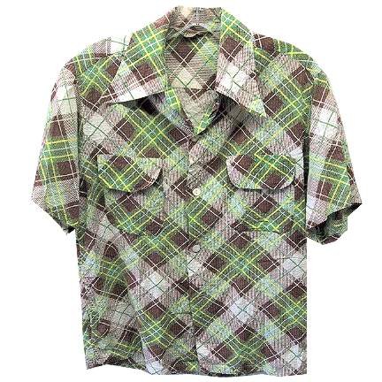 Berktowne Made in California 40/50's Stripped Background Brown Green Yellow Etc. Plaid Like Wide Pattern School Short Sleeve