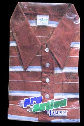 Campus Pro Action Knit Poly Rust Brown with White and Blue Horizontals with Matching Band Sleeve End Short Sleeve Deadstock