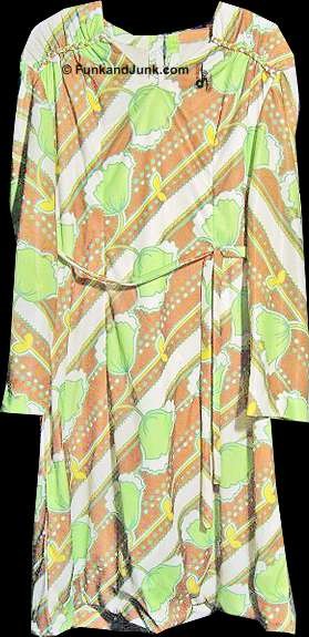 Large Apple Green Flowers on Stems on Diagonal White and Brown Bars Dress and Matching Belt