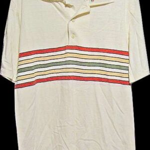 White with Tan Orange Red and Green Horizontal Chest Stripes Short Sleeve 1/4 Button Shirt