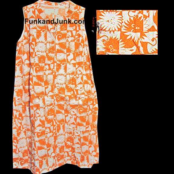 Orange and White Block with Stylized Lion Heads and Tails Sleeveless 70's Dress