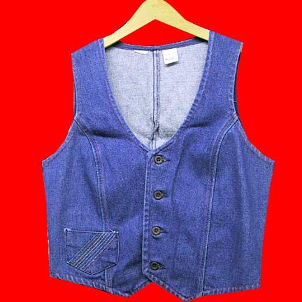 Wrangler denim with rainbow stitching on edges and on bias along waist pocket 70's button vest