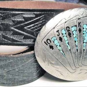 Native American Made Poker Royal Straight Flush with Turquoise Inlay Belt Buckle & Matching Tooled Leather Belt
