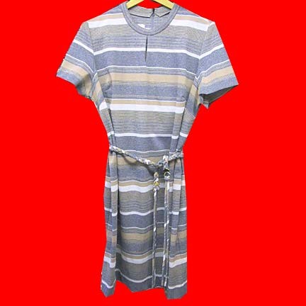 Lorac Original Gray background with various width Tan and White horizontal lines dress with braided belt