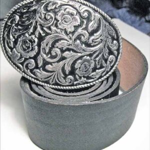 Art Nouveau Style Cut Back Flowers on Black Buckle with Leather Belt