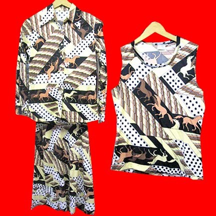 Yellow with optical slashes in Brown Tan and White bars of Black with Horses running across skirt suit with two tops