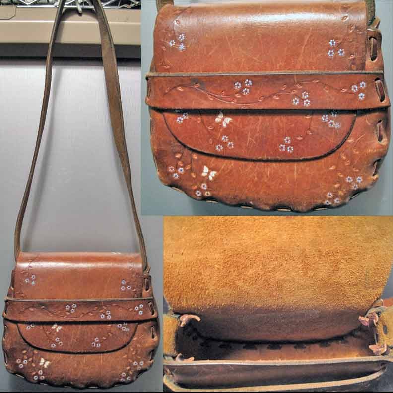 Butterflies Vines and Flowers Heavy Tooled Leather Shoulder Purse