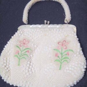 White Beaded Purse with Stitched Pink Flowers