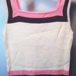 Personal Acrylic Knit White with Pink and Brown Edge Halter Top