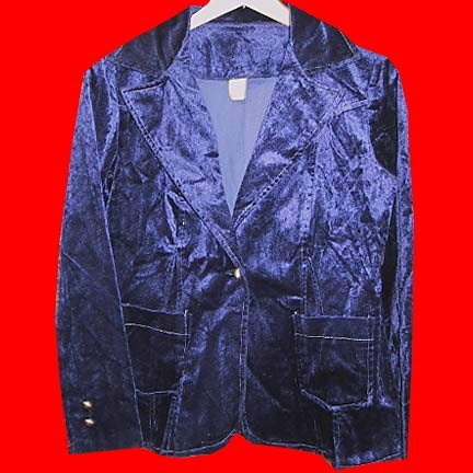 Faux crushed Blue shiny velvet with White curving stitched accent double wide lapel jacket