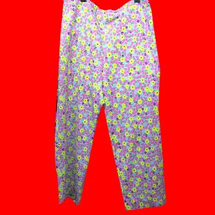 The Lilly (Pulitzer) light Blue background with large Yellow with groups of smaller Pink flowers slacks