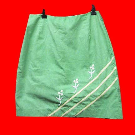 70's Green with 3 on bias stitched White center with Yellow border lines and 3 large flowers skirt look shorts
