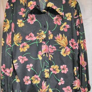 Lucky PIerre Black with Yellow and Pink Flowers 70's Collar Long Sleeve Blouse