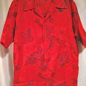 Made in Hawaii Hot Red with Tikis Pineapples Map Aloha Shirt
