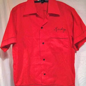 Hilton Bright Red with Stitched Name and Applied Bar-Don Lanes Bowling Shirt
