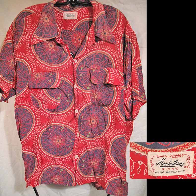 Manhattan Red Rayon with Blue and Green large Medallions Hawaiian Shirt