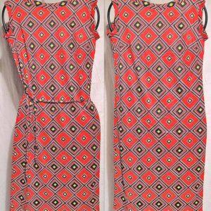 Red with Blue and Yellow Diamond Grid Pattern Sleeveless Slip Dress with Belt