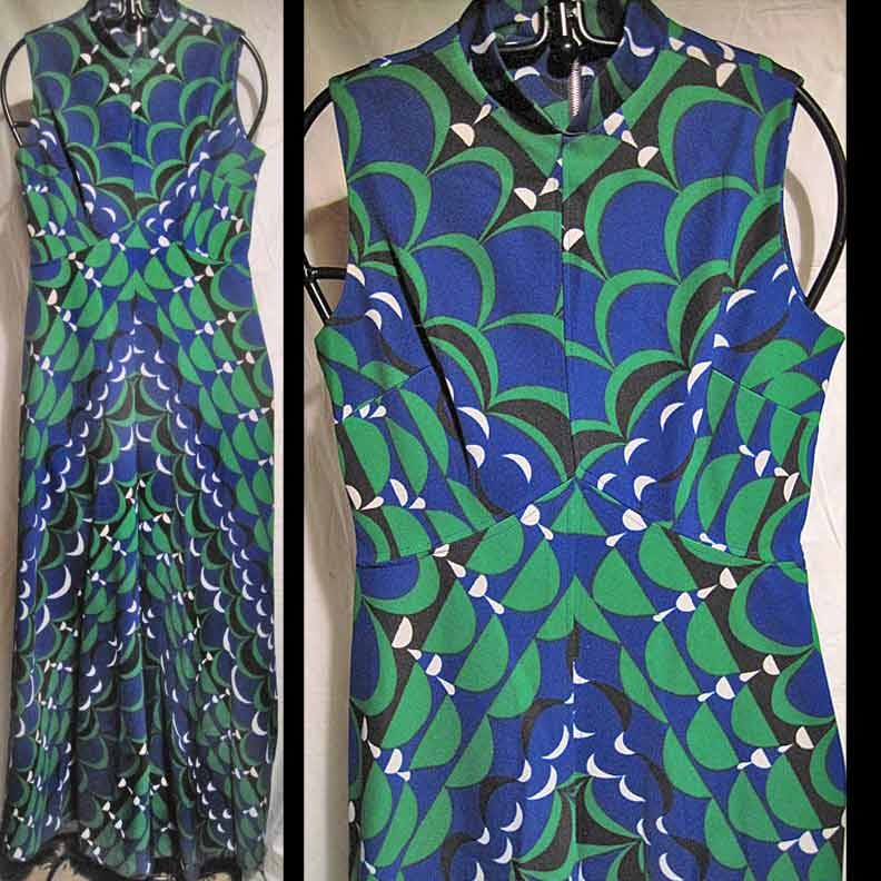 Blue with Green Black and White Petal design Full Length Sleeveless Dress