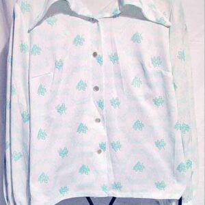 White with Green Grass and large Flowers Long Sleeve Blouse with Butterfly Collar