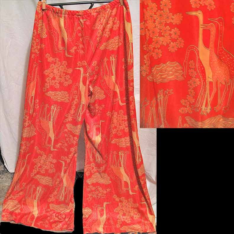 Orange with Mod design Crane or Flamingo Birds Elephant Bell Bottom Pants