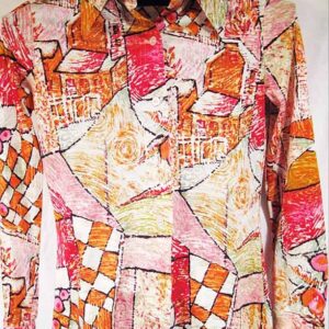 Giraffe 1970s Van Gogh like Village and Sun Long Sleeve Blouse