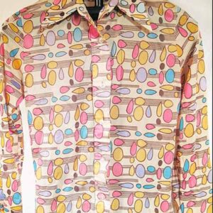 Take 1 Tan with Multicolor Dots and Oval Long Sleeve Nylon Blouse