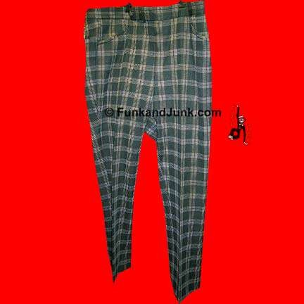 Sans a belt Green with large plaid pattern of White and Brown hash marks leisure slacks