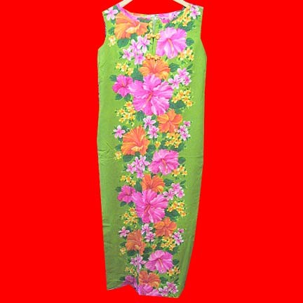 The Original Hawaiian Togs Green with bright Pink and Orange blossoms with leaves sleeveless dress