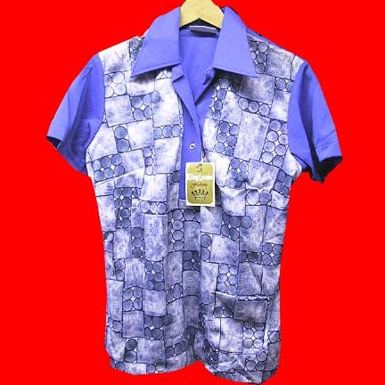 King Louie double knit Blue with Purple with Gray tone round and square pattern block print women's bowling shirt