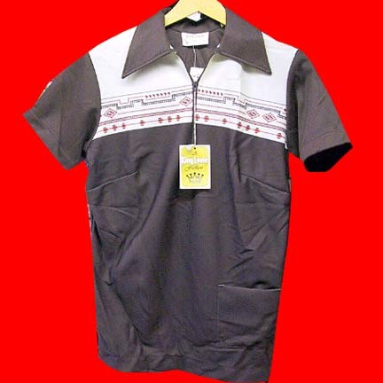 King Louie knit Brown with Creme shoulders with Rust and Brown Indian pattern women's zipper bowling shirt