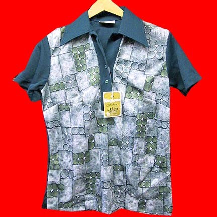 King Louie double knit Green with Green tones round and square pattern block print women's bowling shirt with waist pocket