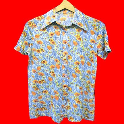 Light Blue with full field of mostly Orange and Yellow flowers short sleeve blouse