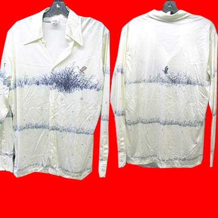 Kennington shiny offwhite with horizontal Blue marsh grass with bird flying out of larger chest grass long sleeve shirt