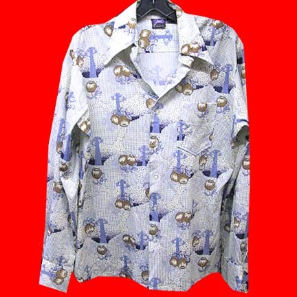Joel White with Blue computer dotted pattern Apple trees with oversized mod Apples long sleeve shirt