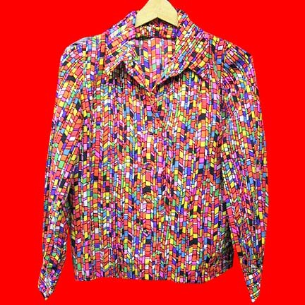 Neon and other color mosaic pattern long sleeve blouse with covered buttons