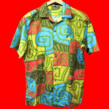 Kamehameha multi color blocks with spirals and other patterns in them Hawaiian shirt