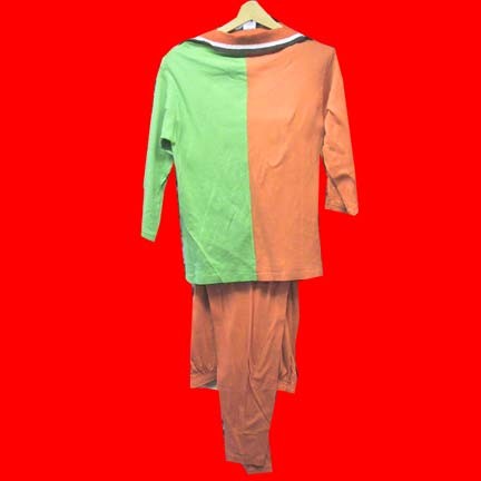 Lady Berkeley 1/2 Orange 1/2 Green vertical long sleeve top with light weight stretch waist orange slacks