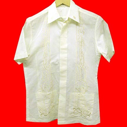 Rosas hand stitched off white or light Yellow with stitching in shiny Gold Guayabera shirt