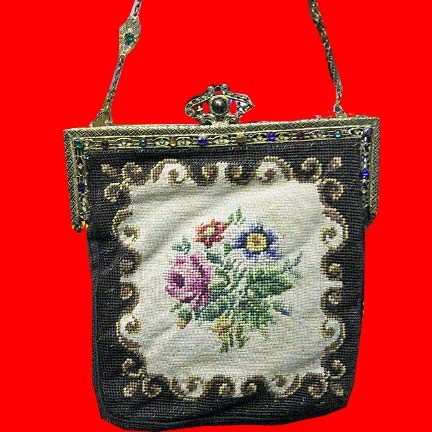 Grouping of flowers center with metal jeweled frame tapestry purse with chain