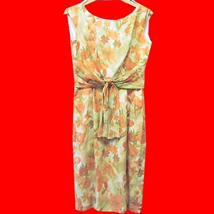 Sponged Green on White with Pastel Orange and Brown tone Tulips and Flowers sleeveless 60's dress with tied waist