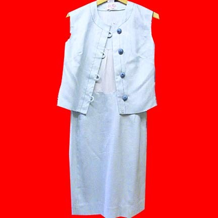 Adele Martin Original textured light Blue vest top over sleeveless dress with smooth top with Pom Pom buttons suit