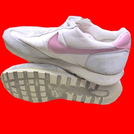Nike White nylon with Gray suede heel and toe wrap and Pink leather swoosh sides and slanted heel lettering Women's sneakers