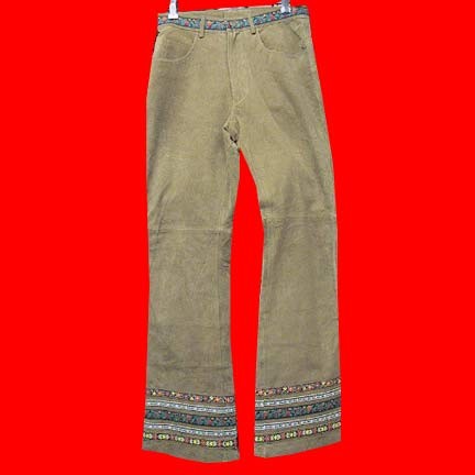 Brown suede with floral waist and multiple hem panels bell bottom pants
