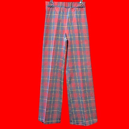 Red with Green block plaid print and Yellow scroll lines bell bottom slacks
