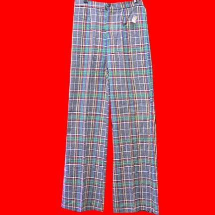 Alison Roberts Gray with crossing line pattern in Red Yellow Green etc. bell bottom slacks